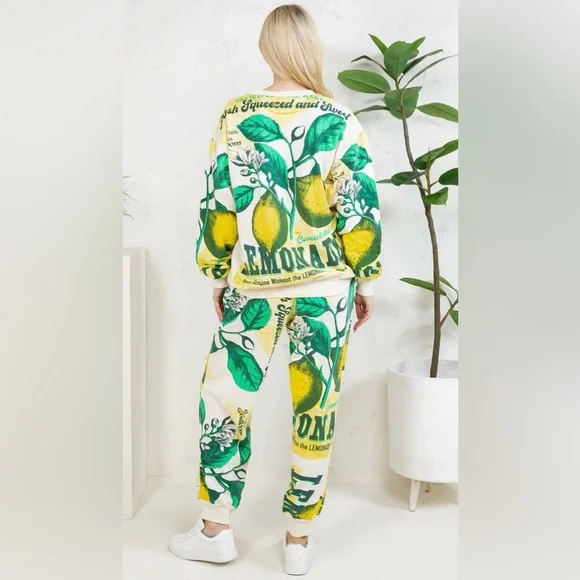 V3. ❤️NEW Retro Vintage Lemon Print Sweatshirt Jogger Set 100% Cotton Flour Sack - Picture 6 of 7